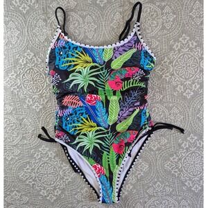 NWOT Tropical Chameleon Print Ruched One Piece Swimsuit Black Multi Size S